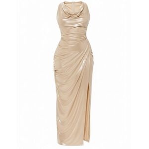 Dress Metallic Draped Maxi Champagne Gold Sleeveless Sz S Fashion Nova